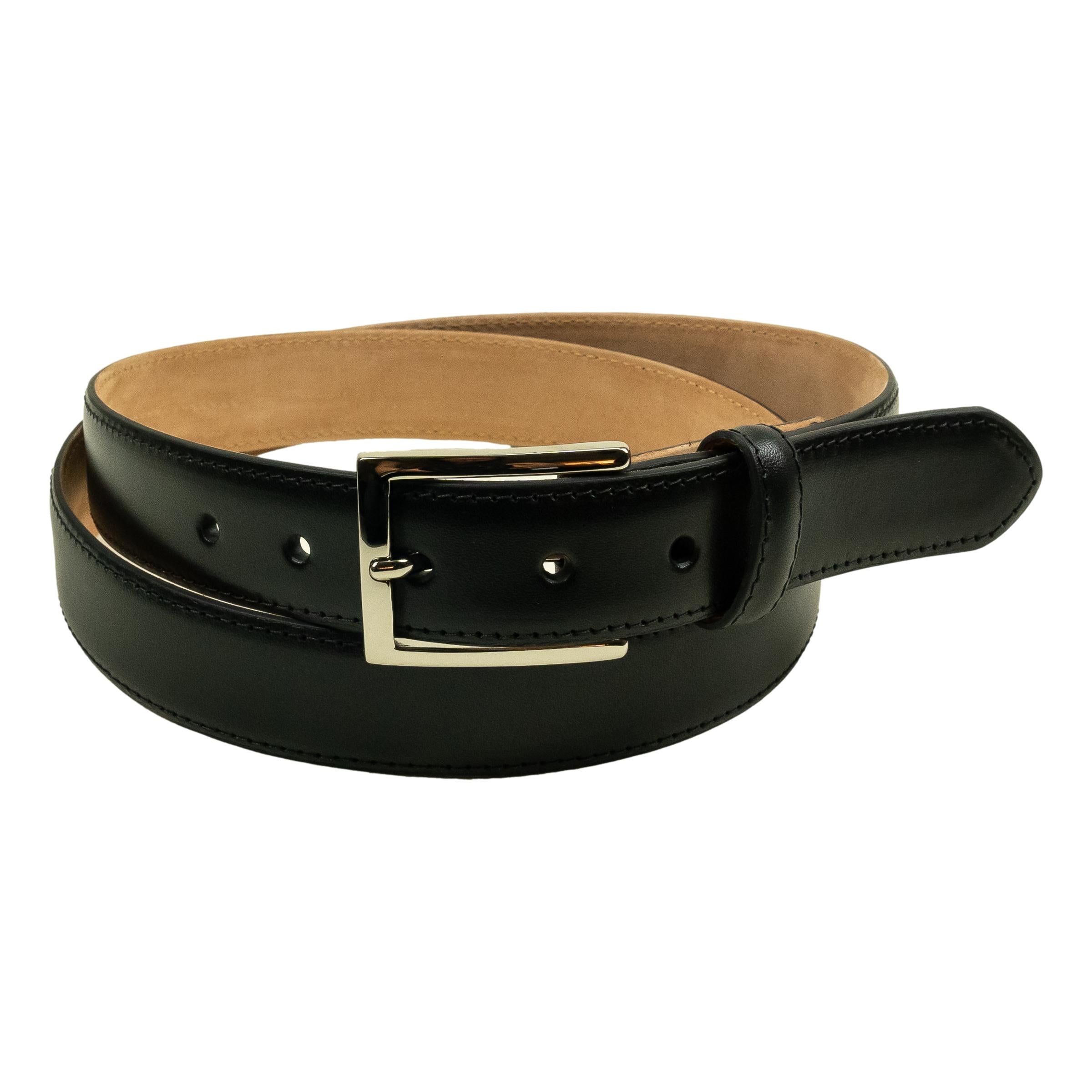 1 1/4" Glazed Calfskin Topstitch Belt with Nickel Buckle