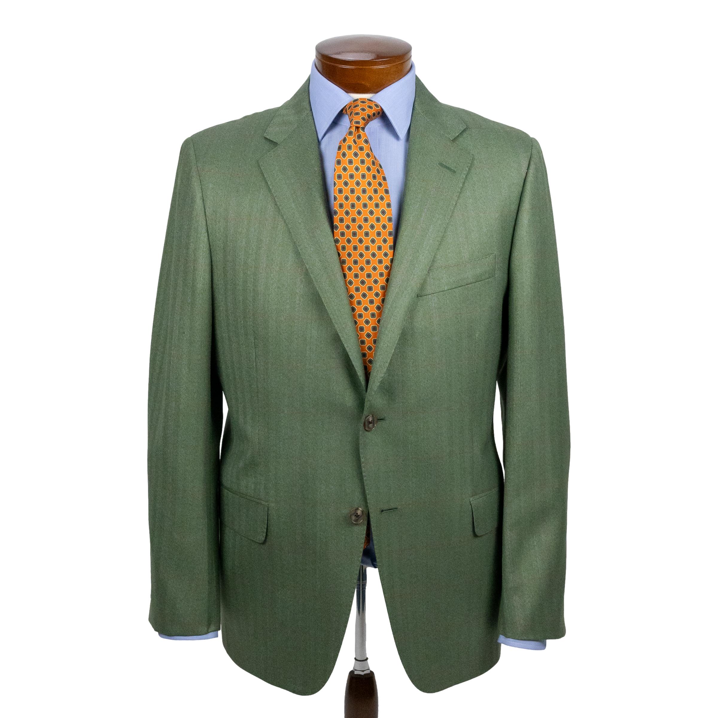 Green Herringbone with Red and Rose Windowpane Wool Sport Coat