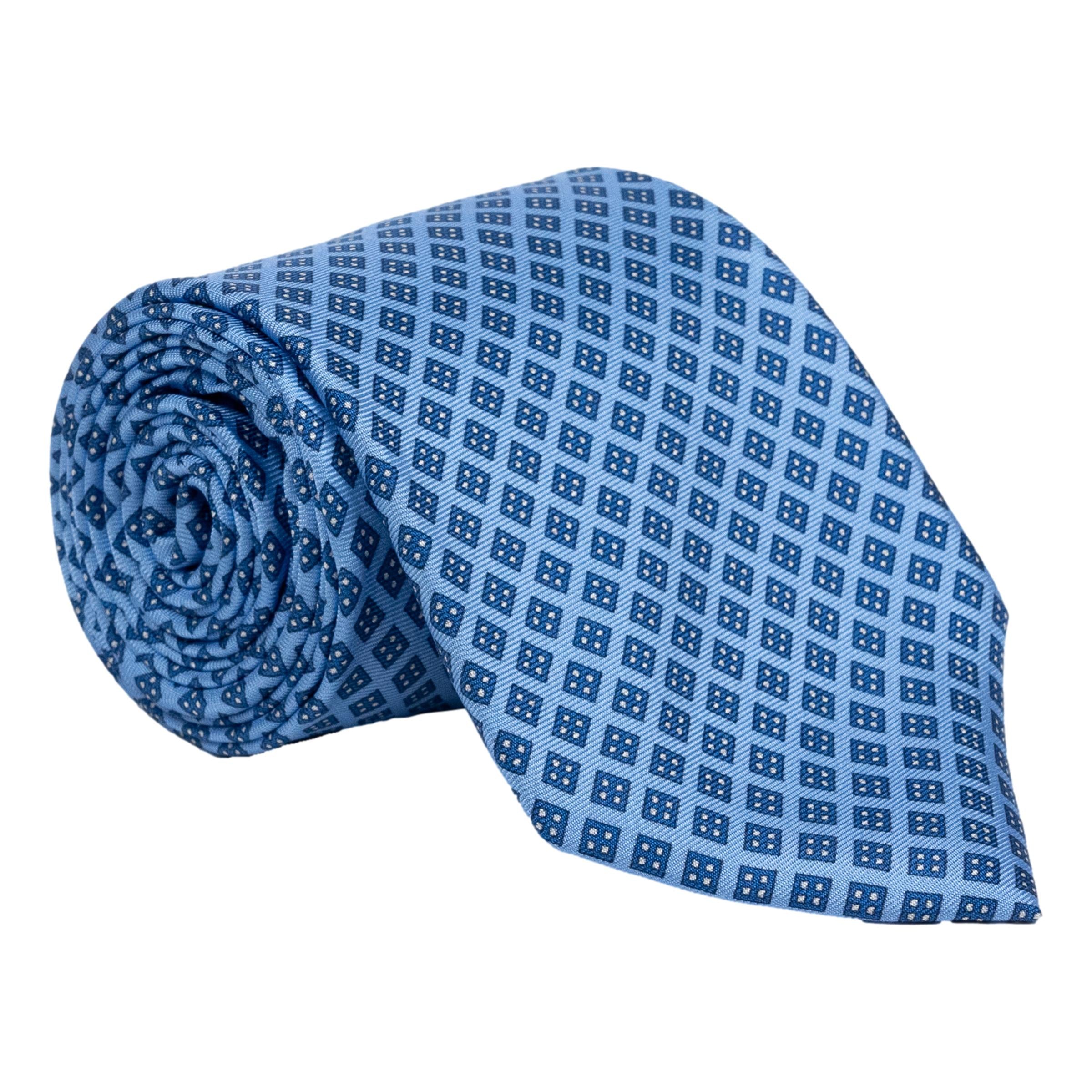 Light Blue Diamond with White Dots Pattern Silk Tie