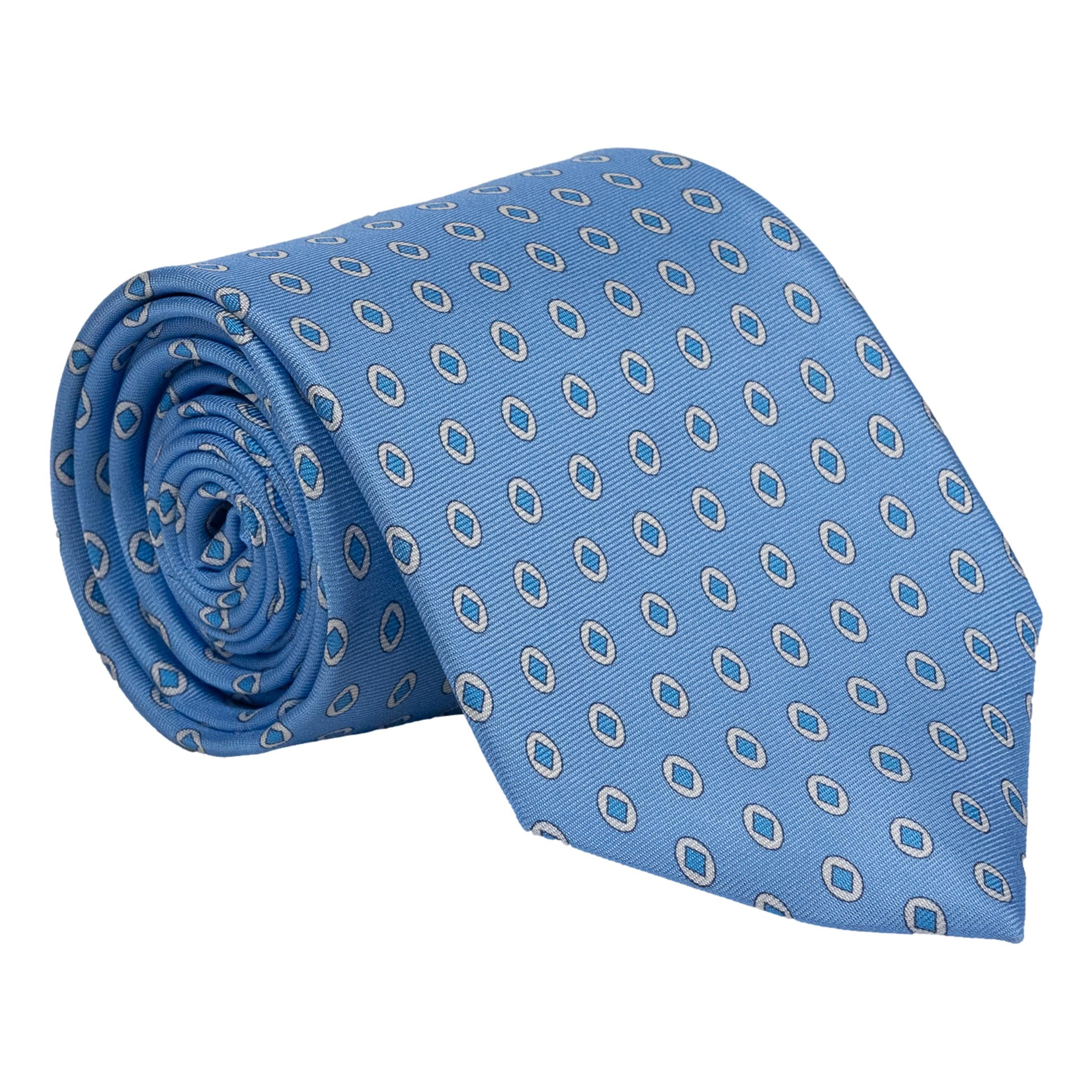 Light Blue Diamond with White Oval Pattern Silk Tie