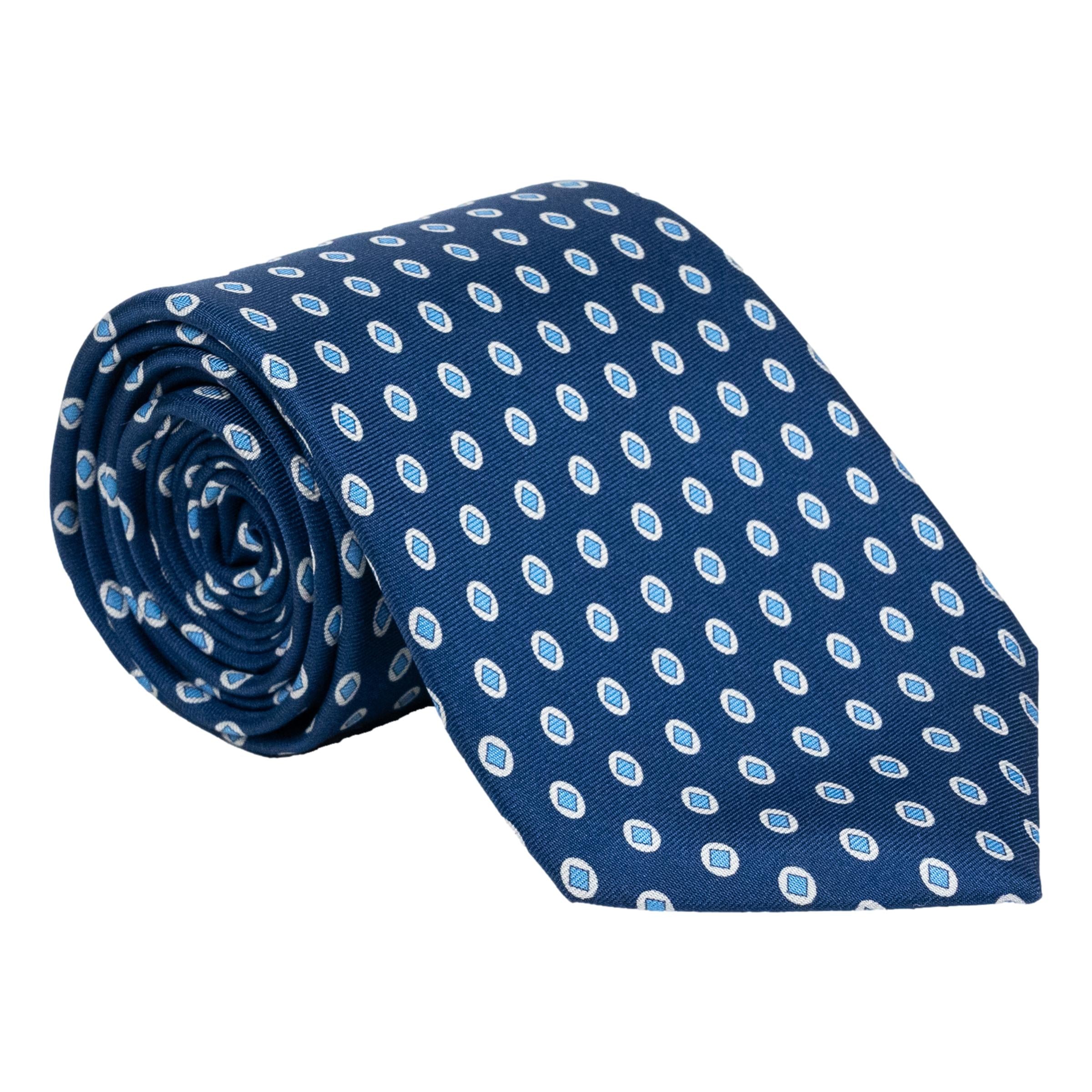 Light Blue Diamond with White Oval Pattern Silk Tie