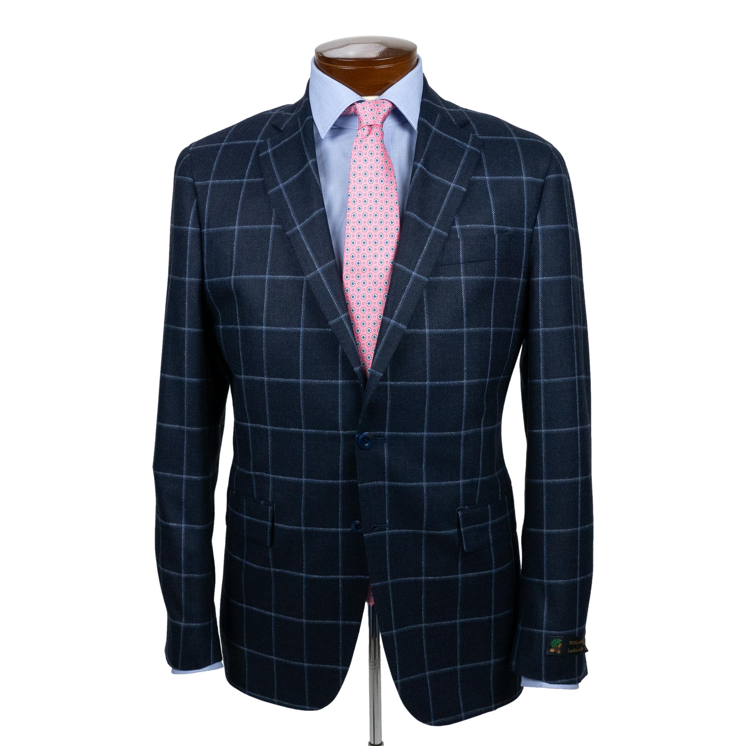 Navy with Light Blue Windowpane Wool and Silk Sport Coat