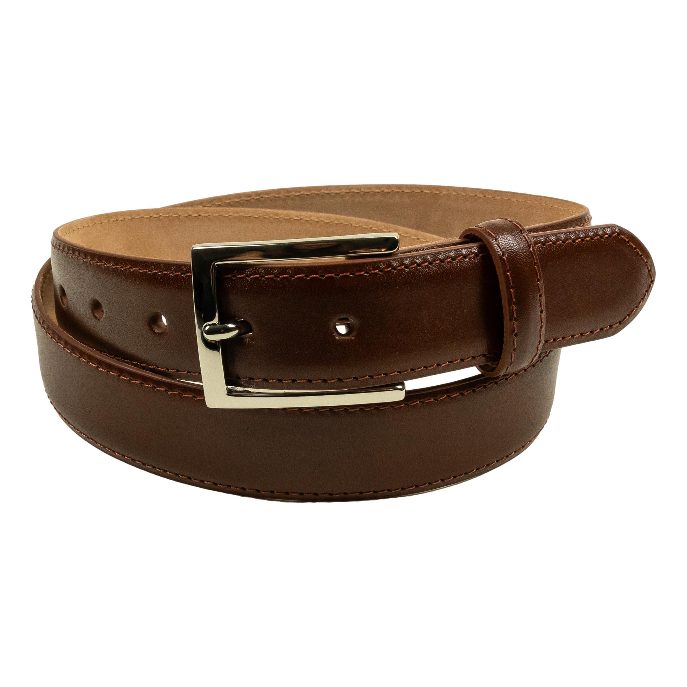 1 1/4" Glazed Calfskin Topstitch Belt with Nickel Buckle