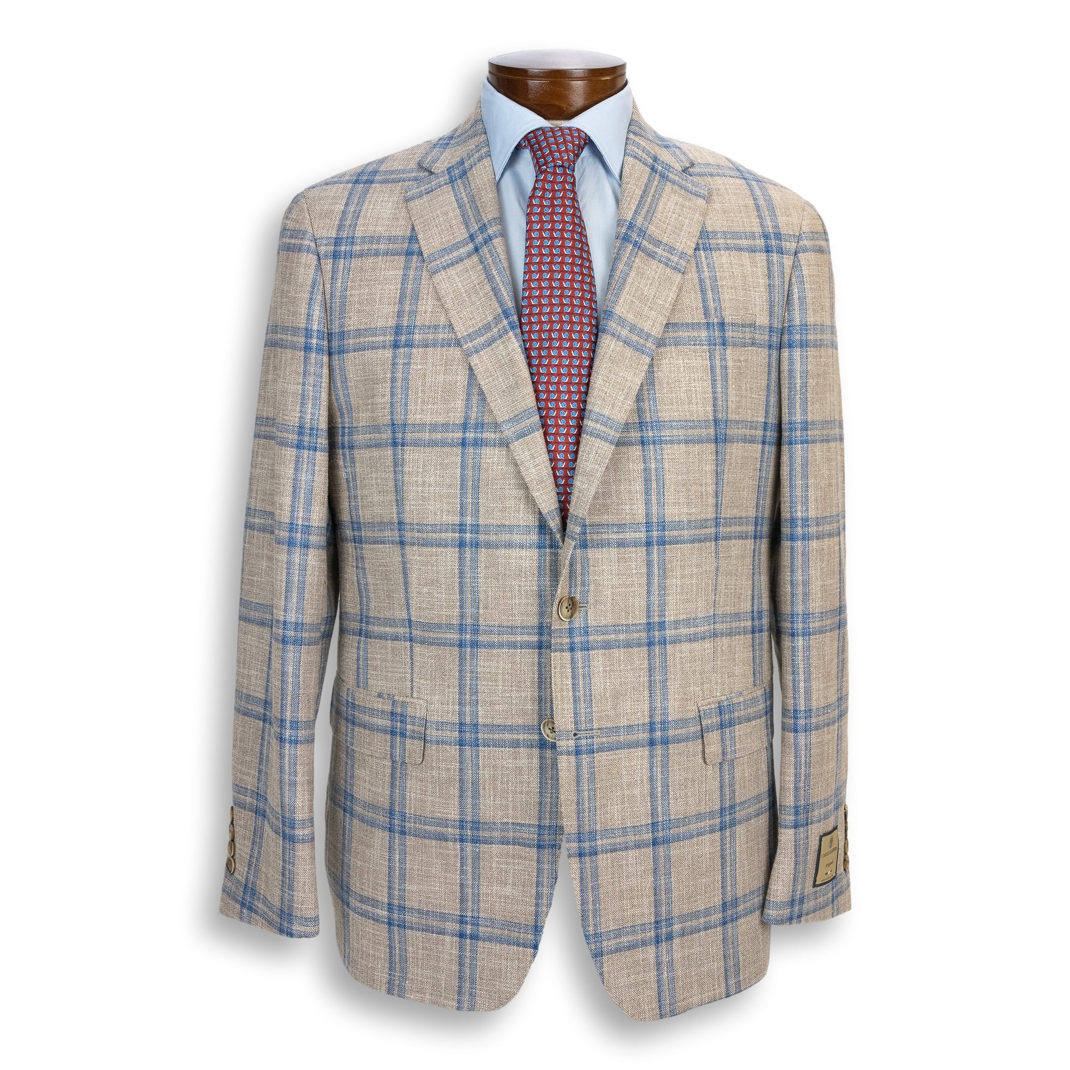 Tan with Blue Double Windowpane Wool, Cotton, and Silk Carlo Barbera Sport Coat