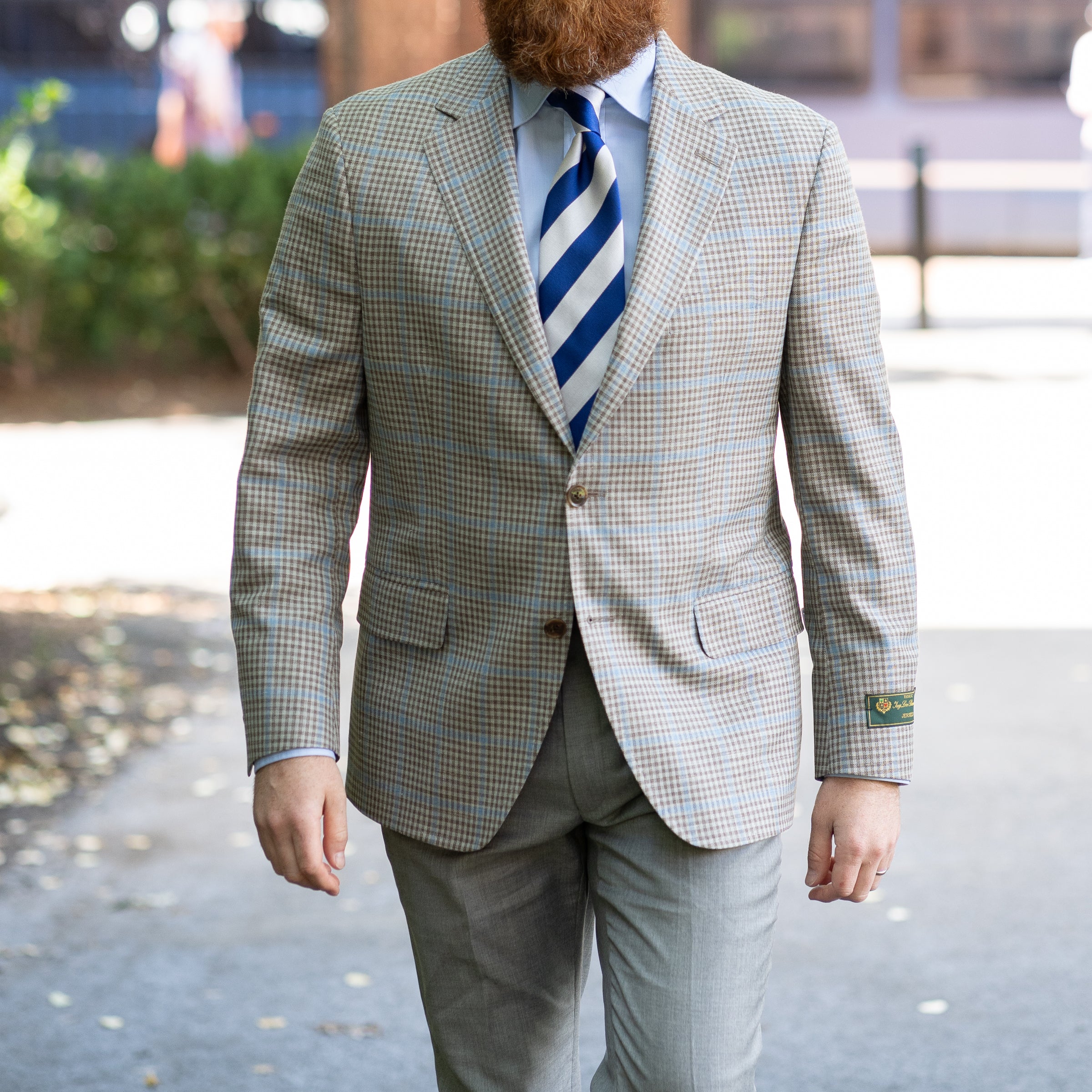 Tan Check with Sky Blue Windowpane Wool, Silk, and Linen Loro Piana Sport Coat