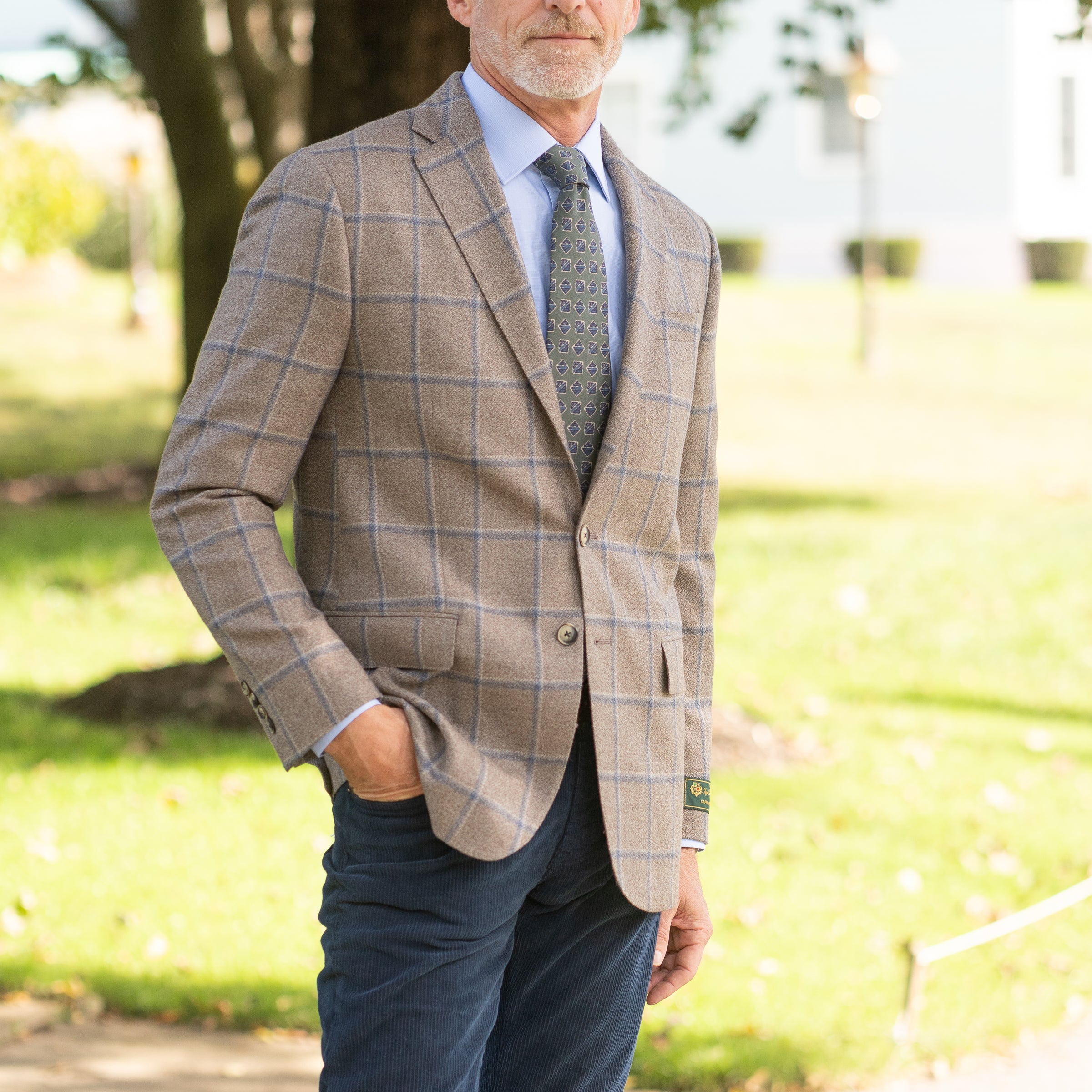 Taupe with Blue Windowpane Wool and Silk Sport Coat