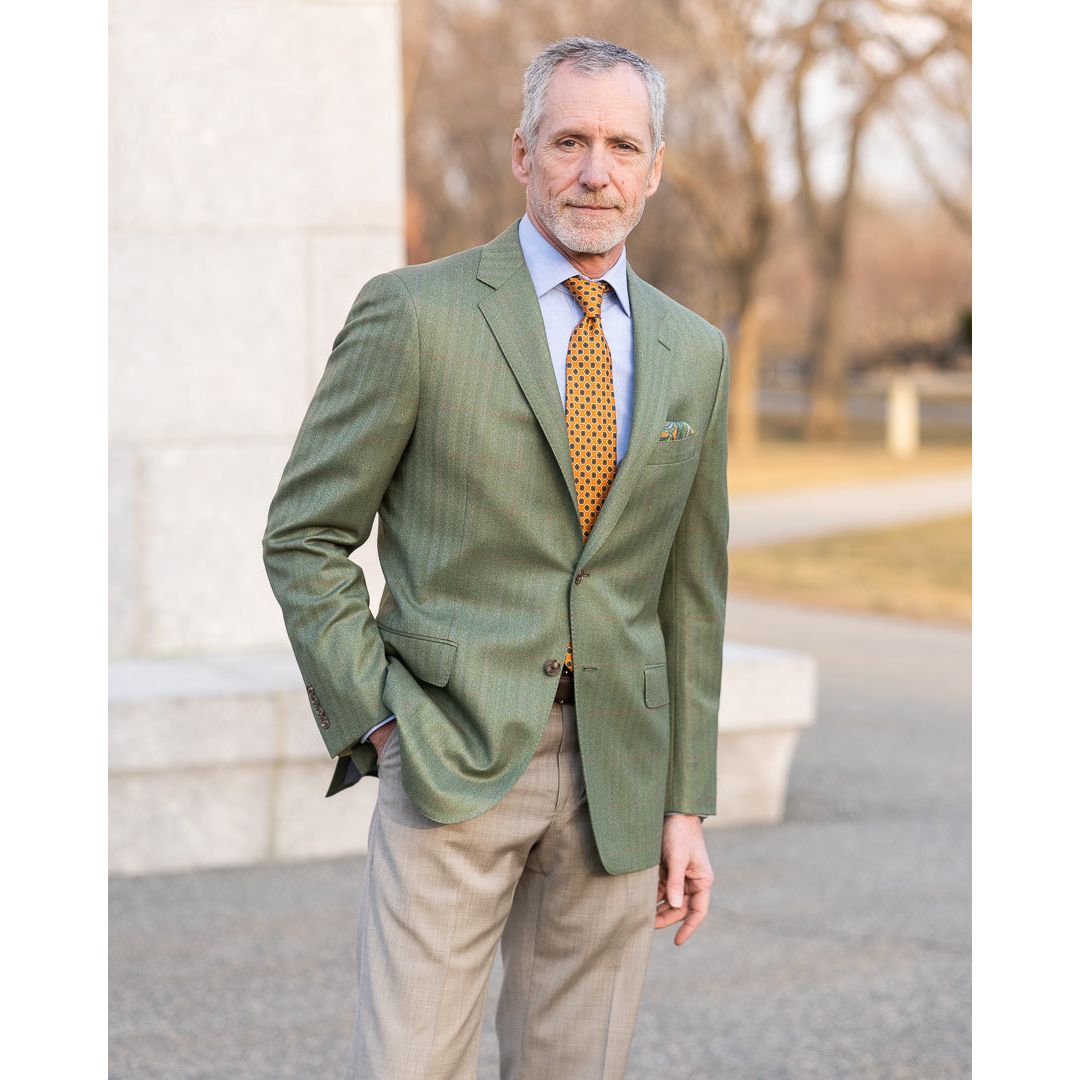 Green Herringbone with Red and Rose Windowpane Wool Sport Coat