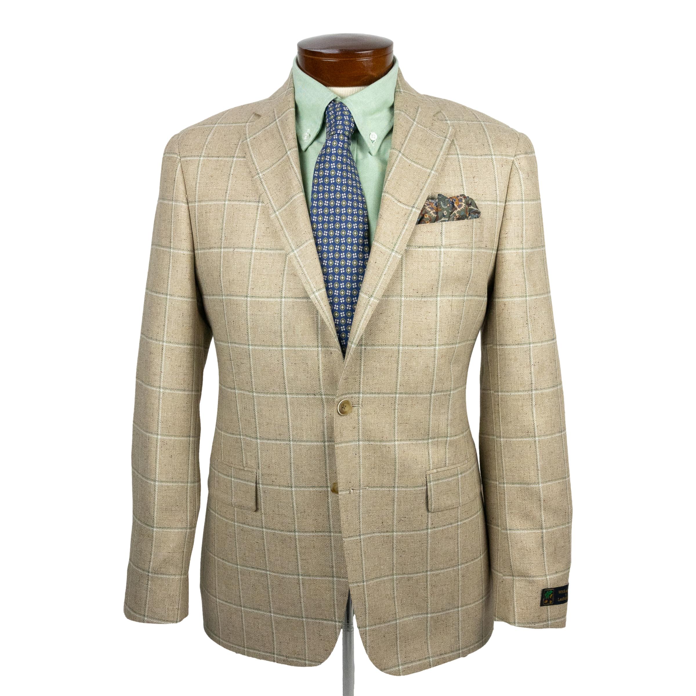 Tan with Olive and White Windowpane Wool and Silk Sport Coat