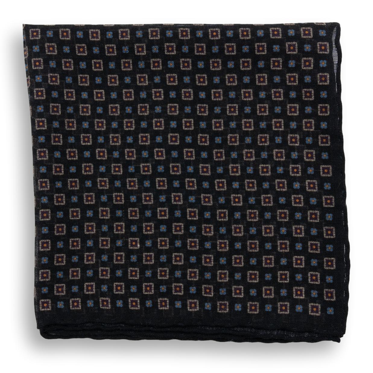 Abstract Square and Flower Print Wool and Silk Blend Pocket Square