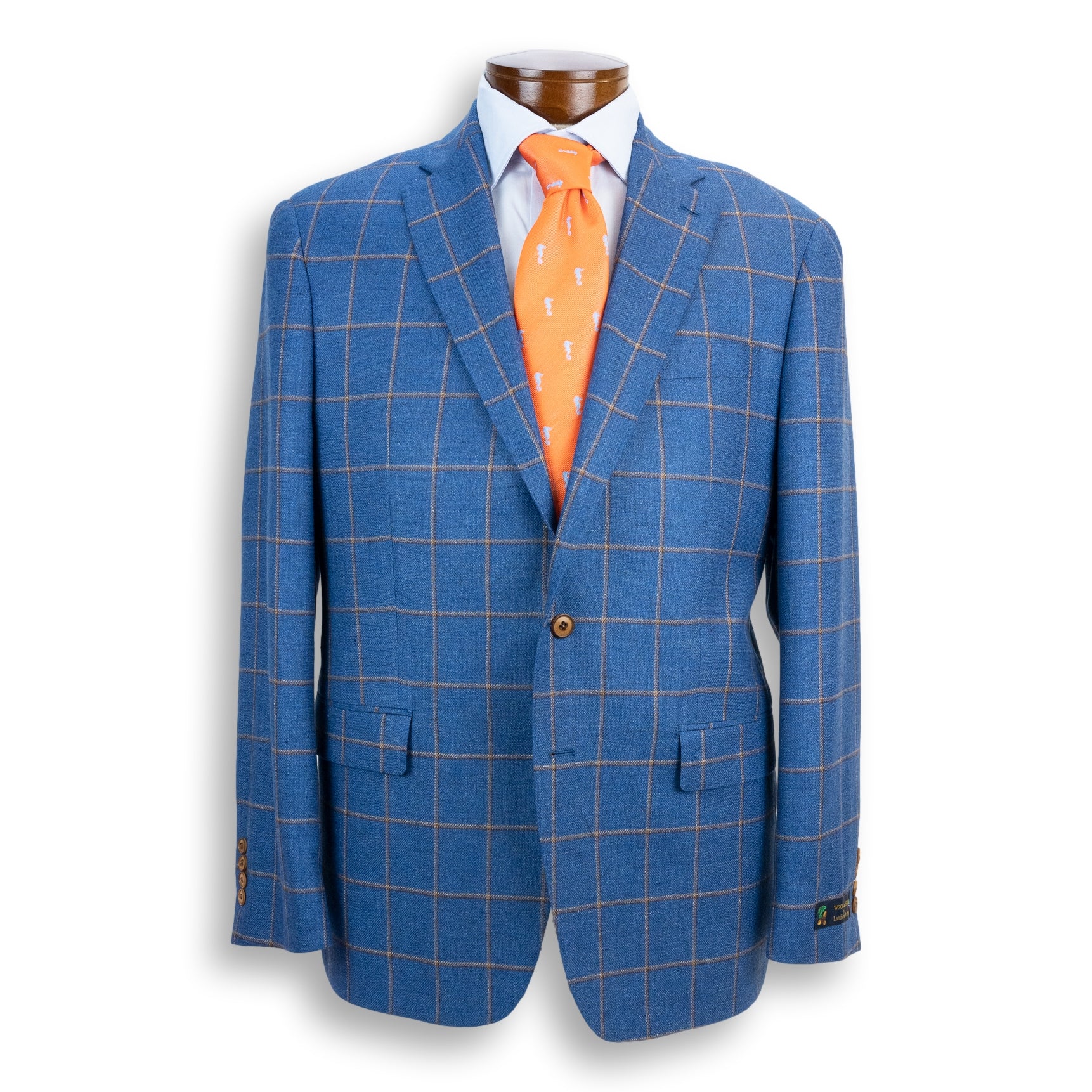 Blue with Tan Brown Windowpane Wool and Silk Lanificio di Pray Sport Coat