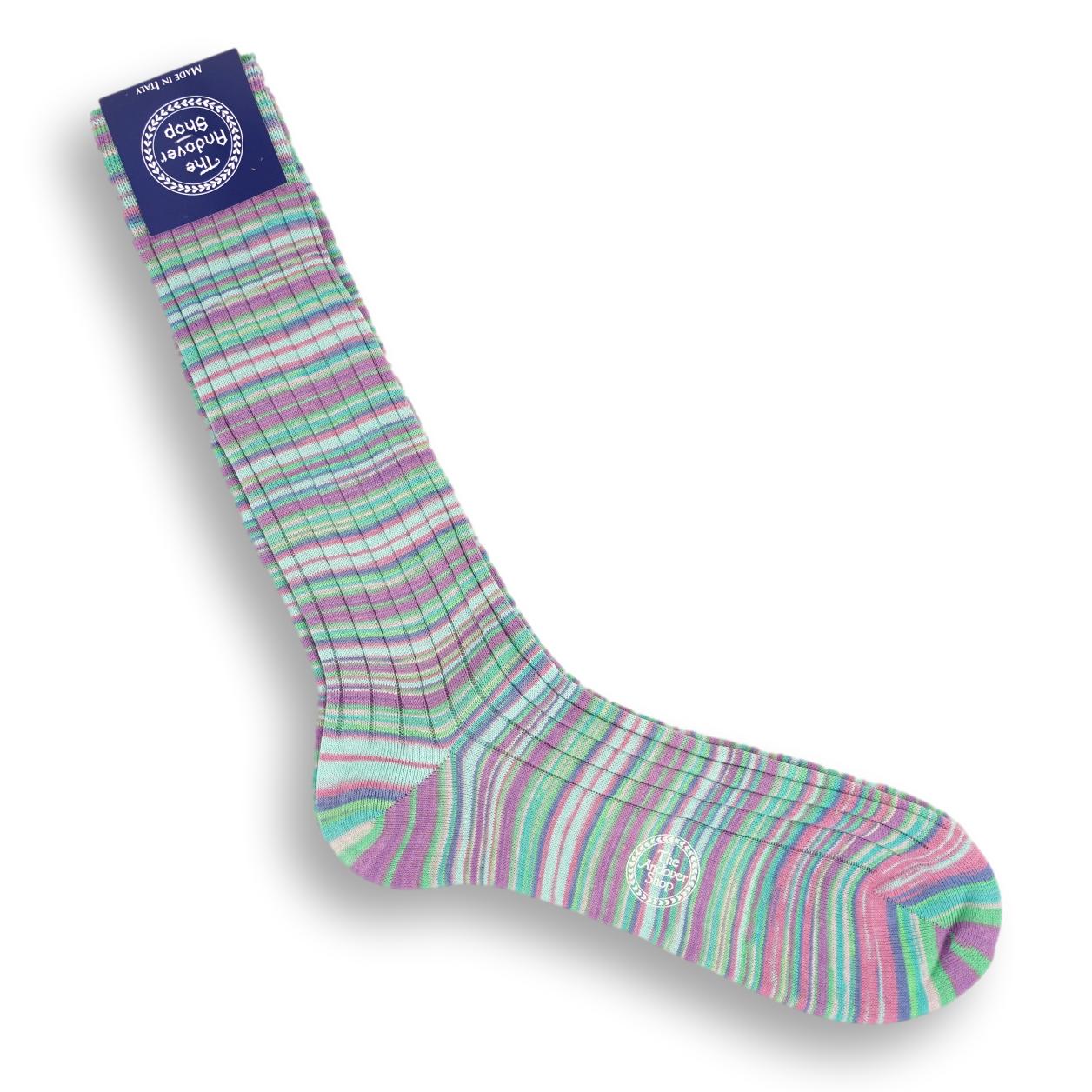 Mid-Calf Linen and Silk Blend Multi-Stripe Dress Sock