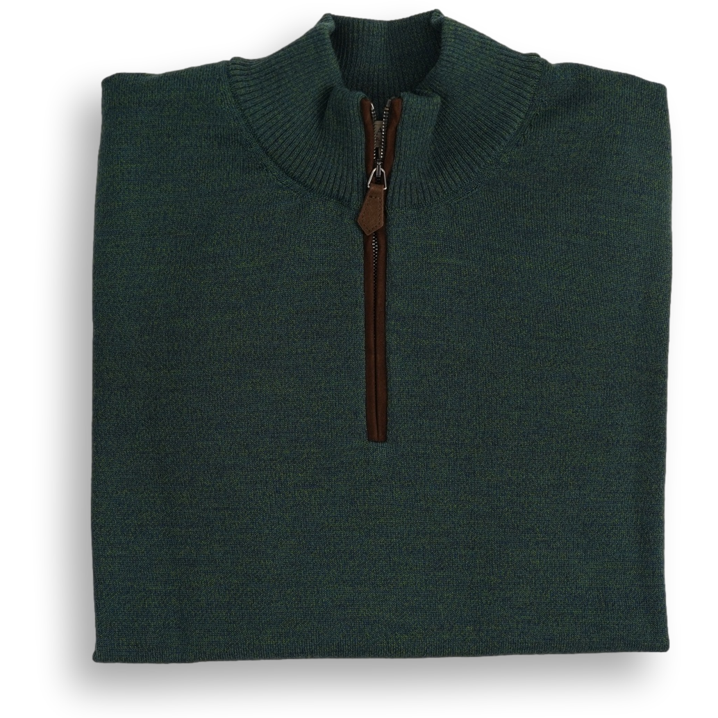 Zegna Baruffa Merino Wool Quarter Zip Sweater with Suede Zipper Trim